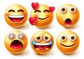 Smileys emoji vector character set. Smiley 3d emoticons like in love, happy, crying and dizzy facial expressions isolated in white