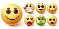 Smileys emoji vector set. Smiley emojis cute yellow face in happy, in love, hungry, tired Royalty Free Stock Photo