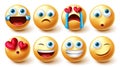 Smileys emoji vector set. Smiley emoticons graphic 3d design in funny, cute and sad broken hearted face emotions for emojis. Royalty Free Stock Photo