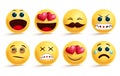 Smileys emoji vector set. Smiley yellow face emojis and emoticons with different facial expressions.