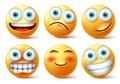 Smileys emojis and emoticons face vector set. Smiley emoji cute faces in happy, angry and funny facial expression.