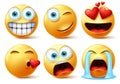 Smileys emojis and emoticons face vector set. Smiley icon or emoticon of cute yellow faces in kissing, in love, crying, surprise.