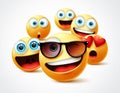 Smileys emojis famous celebrity vector concept. Famous smiley emoticon yellow faces group in 3d realistic avatar.