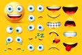 Smileys emoticon character creation vector set. Smiley emoji face kit eyes and mouth in angry, crazy, crying, naughty, kissing.