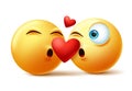 Smileys emoticon or emoji of couple kissing faces vector concept. Valentines smiley emojis kissing.