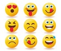 Smileys emoticon vector set. Emojis smiley icon in happy, funny and yummy face expressions isolated in white background for emoji