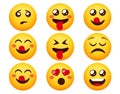 Smileys emoticon vector set. Emoticons emotion characters with happy, crazy and cute facial mood reaction for emoji character.