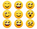 Smileys emoticon vector set. Emoticons smiley characters in happy and sad mood expressions isolated in white background for emoji.