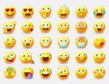 Smileys emoticon vector set. Smiley emoji characters with pose and emotions like happy, in love, eating and thinking in yellow.
