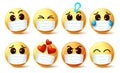 Smileys emoticon wearing face mask vector set. Smiley emoji wearing face mask