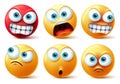 Smileys emoticons face vector set. Smiley yellow icon and emoticon faces with angry red, surprise, cute, crazy and funny. Royalty Free Stock Photo