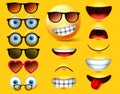 Smileys emoticons with sunglasses vector creation kit. Smiley emojis and emoticon head face kit eye and mouth. Royalty Free Stock Photo