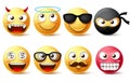 Smileys and emoticons vector character set. Smiley face yellow emoji like demon, angel, ninja, bearded face and wearing sunglasses