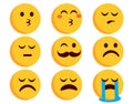 Smileys flat emoticon vector set. Emoticons smiley characters in kissing, crying and sad mood expressions isolated in white.