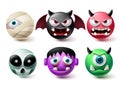 Smileys halloween emoji vector set. Smiley emojis horror character icon collection