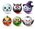 Smileys halloween emoji vector set. Smiley emojis horror character mascot collection
