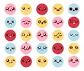 Smileys kawaii character vector set. Emoticon cute cartoon emojis with colorful faces and expression of happy, sad and angry.