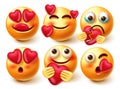 Smileys in love emoji vector set. Emoji 3d character in love and broken expressions with pose like holding, crying and kissing.