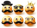 Smileys male emoticon vector set. Smiley 3d emoji characters wearing elements like mustache, crown and hat for emojis man.