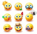 Smileys summer emoticon vector set. Smiley yellow icon emoji with facial expression and beach element for tropical season.