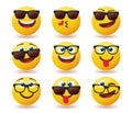 Smileys sunglasses emoticon vector set. Emojis smiley in cool shades with happy, funny and cute facial expressions for friendly. Royalty Free Stock Photo