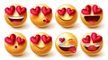 Smileys valentines lovely character vector set. Emoji characters inlove and happy facial expressions isolated in white background.