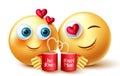 Smileys valentines lover vector design. Smiley 3d emoji inlove character holding coffee mug with romantic feelings expression. Royalty Free Stock Photo