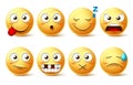 Smileys vector set with funny facial expressions. Smiley face cute emoticons with sleepy, toothless, angry and naughty Royalty Free Stock Photo