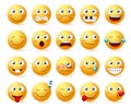 Smileys vector set. Smiley face or yellow emoticons with various facial expressions and emotions