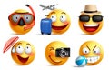 Smileys vector set with summer and travel outfits. Smiley face emoticons Royalty Free Stock Photo