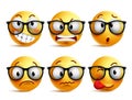 Smileys vector set of yellow nerd emoticons with eyeglasses Royalty Free Stock Photo