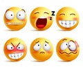Smileys vector set. Yellow smiley face or emoticons with facial expressions Royalty Free Stock Photo