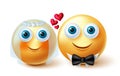 Smileys wedding couple vector design. 3d emoji bride and groom lovers concept in inlove yellow faces characters for married.