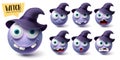 Smileys witch emoji vector set. Smiley emojis halloween character icon collection Royalty Free Stock Photo