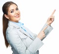 Smilinf business woman pointing on space. Isolated white Royalty Free Stock Photo