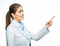 Smilinf business woman pointing on space. Isolated white Royalty Free Stock Photo