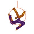 Smiling acrobat woman on hanging hoop, circus performer flat style