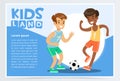 Smiling active boy playing soccer, kids land banner flat vector element for website or mobile app