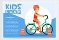 Smiling active boy riding bicycle, kids land banner flat vector element for website or mobile app