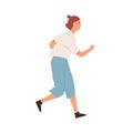 Smiling active woman jogging vector flat illustration. Happy female in sportswear enjoying morning running or daily