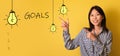 Smiling adult asian woman point finger at goals inscription with light bulbs and checklist with free space