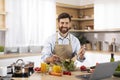 Smiling adult european bearded male chef in apron preparing salad in modern kitchen interior Royalty Free Stock Photo