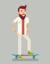 Smiling Adult Man Geek Scooter Happy Hipster Character Ride Skateboard Icon Symbol Stylish Background Flat Design Royalty Free Stock Photo