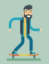 Smiling Adult Man Geek Scooter Happy Hipster Character Ride Skateboard Icon Symbol Stylish Background Flat Design Royalty Free Stock Photo