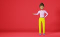 Smiling African American character girl finger points empty space for advertisement design pink background 3D rendering.