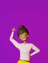 Smiling African American character girl finger points empty space advertisement design on purple background 3D rendering