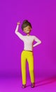 Smiling African American character girl finger points empty space advertisement design on purple background 3D rendering