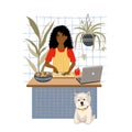 Smiling african american girl cooking salad on kitchen table using laptop. Female child preparing homemade meals. Vegetarian