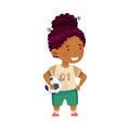 Smiling African American Girl in Sports Shirt and Shorts Playing Football Holding Ball in Her Arms Vector Illustration Royalty Free Stock Photo