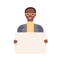 Smiling african american guy holding empty placard isolated on white background. Trendy young man carrying blank sheet